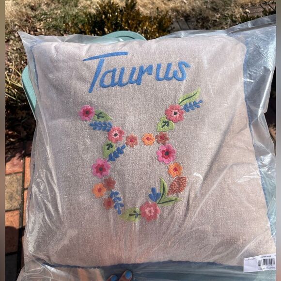 Sundance Zodiac Taurus Embroidered Pillow with Floral Design - Picture 1 of 5
